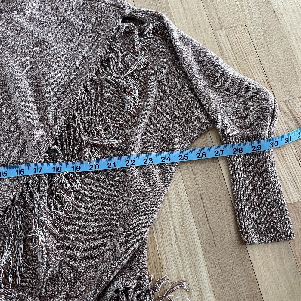 Fringe Poncho Sweater Asymmetrical Turtleneck Boho Knit Brown Womens M - Picture 3 of 7